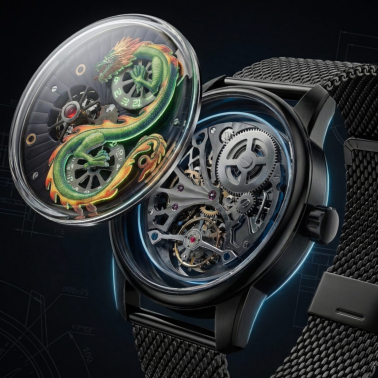 Limited Edition William Hunt London Dragon Watch with Automatic Movt. 5 ATM Water Resistancy, Blue Sapphire Crystal Dial and Adjustable Milanese Strap - Black Neon